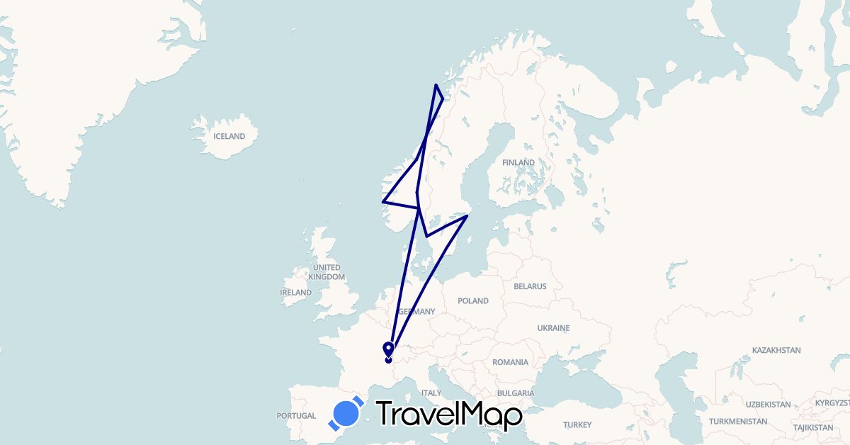 TravelMap itinerary: driving in Switzerland, Norway, Sweden (Europe)